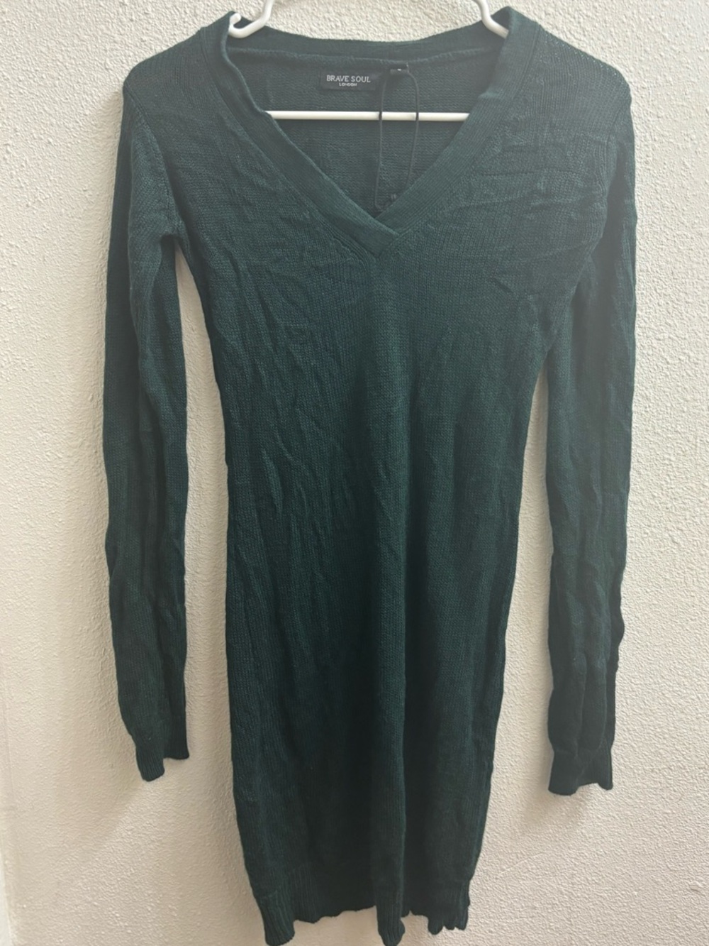 Brave Soul Forest Green V-Neck Long Sleeve Knit Dress
